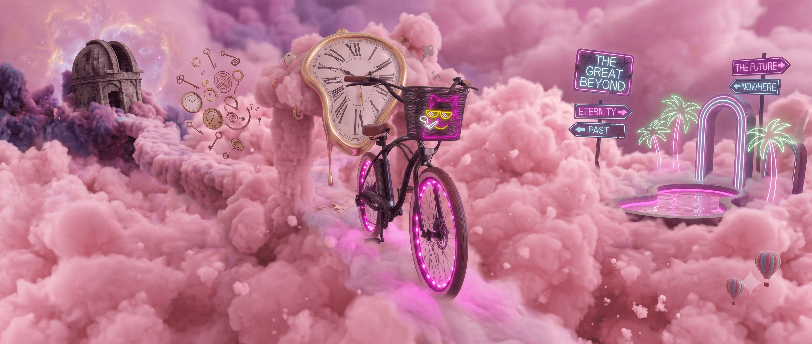 A neon-lit electric beach cruiser drifting through a cosmic playa