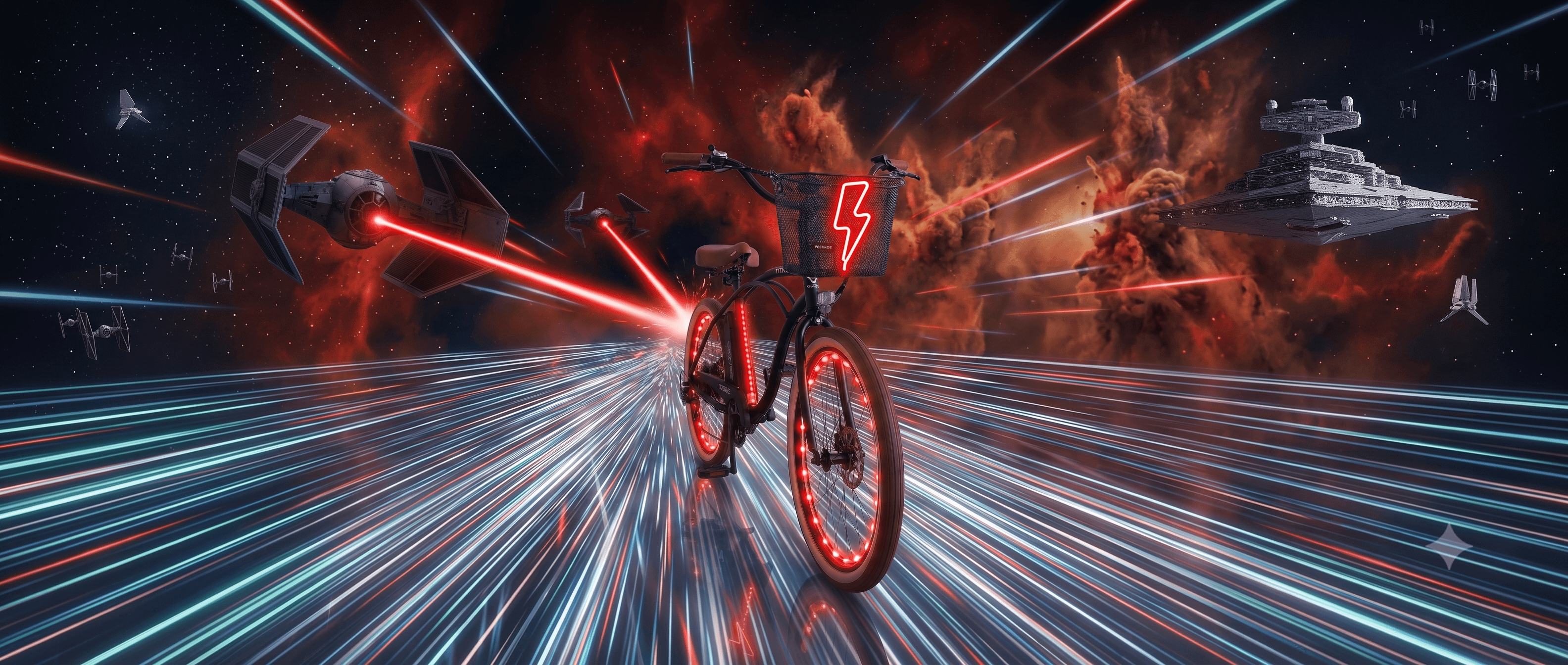 A neon-lit electric beach cruiser drifting through a cosmic playa